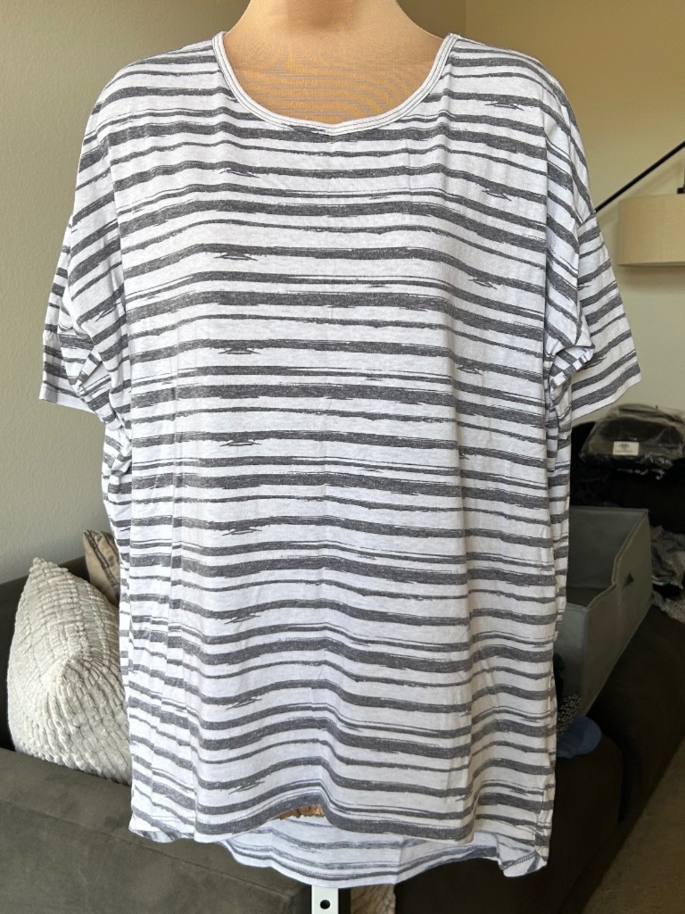 LuLaRoe Gray White Striped Short Sleeve HI-Lo Top Oversized